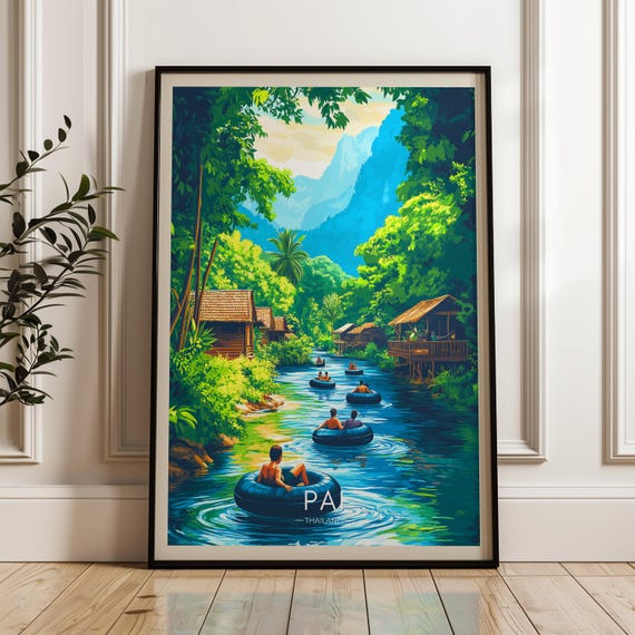 Pai Travel Poster, Thailand River Illustration