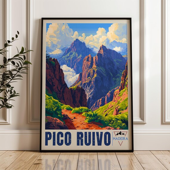 Pico Ruivo Travel Poster, Portugal Hiking Illustration