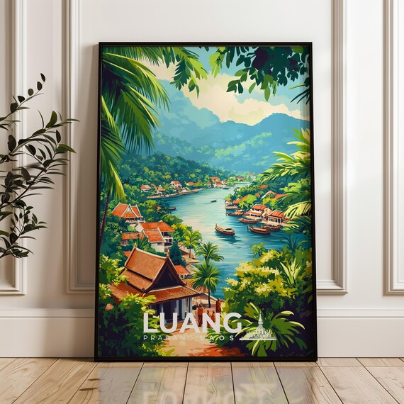 Luang Prabang Travel Poster, Laos Temple Art
