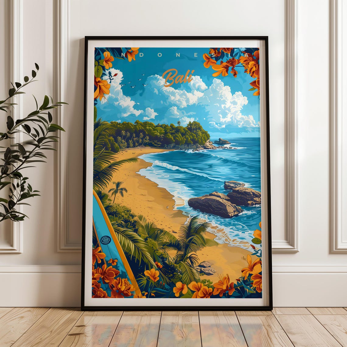 Bali Indonesia Beach Surfboard Frangipani Tropical Coast Poster