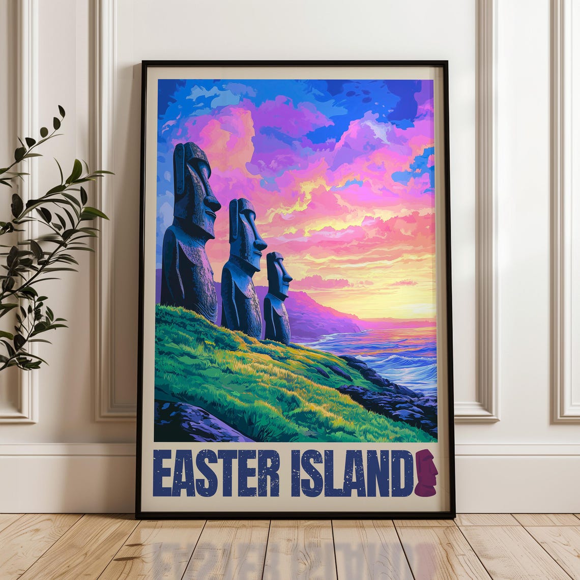 Easter Island Chile Moai Statues Sunset Ocean Cliff Coast Poster