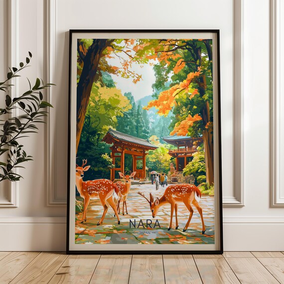 Nara Park Travel Poster, Bowing Deer Illustration