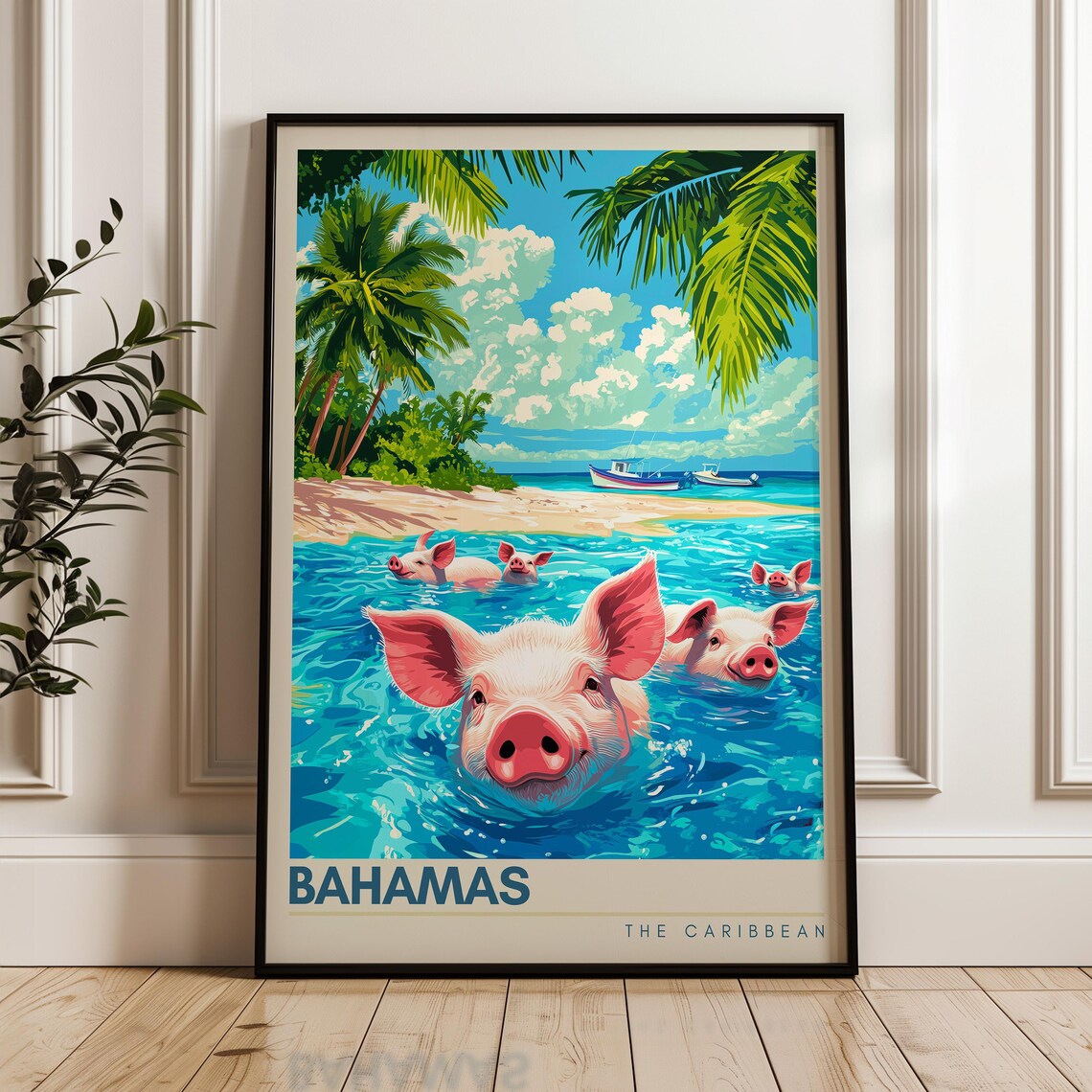 Bahamas Travel Poster, Pig Illustration Art Print