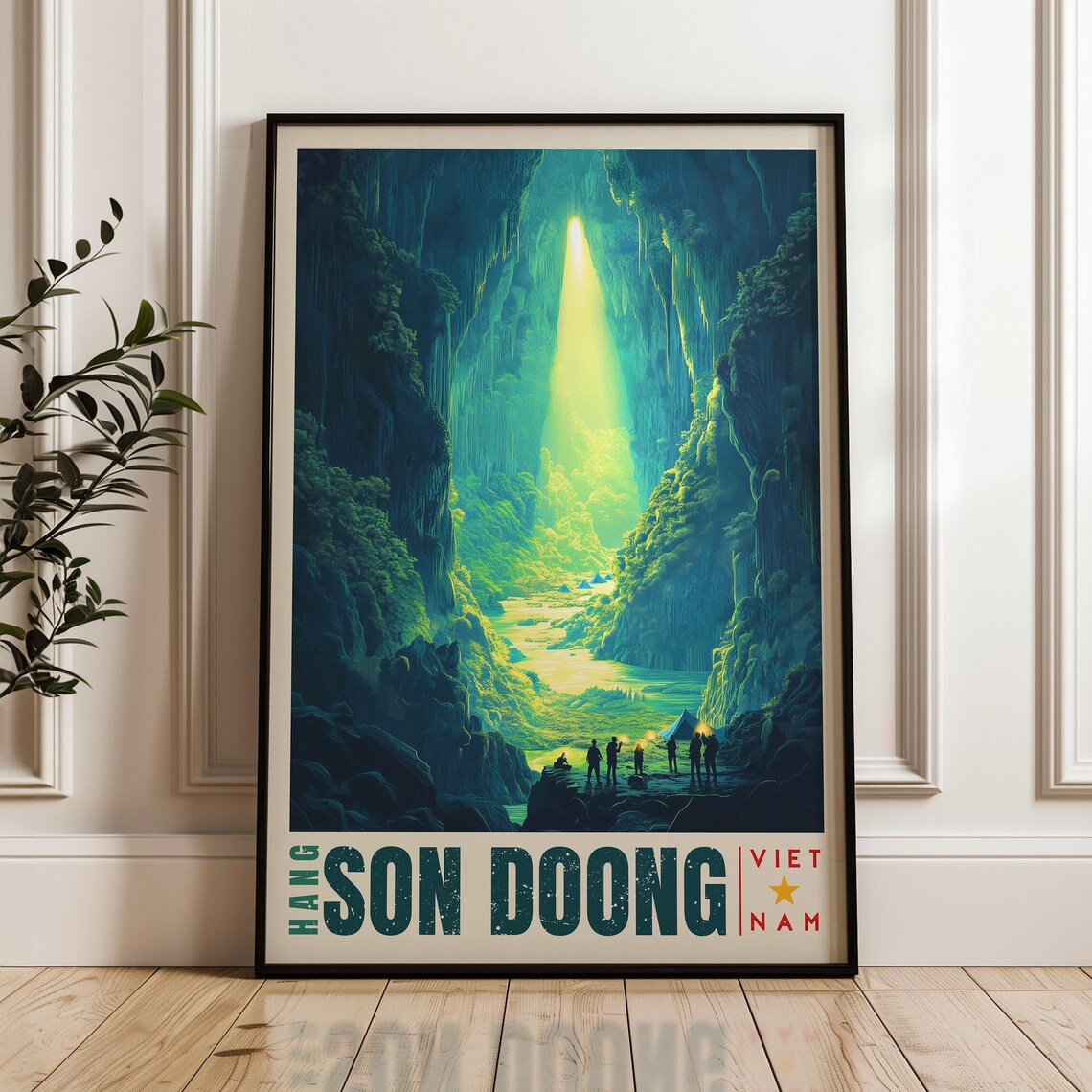 Hang Son Doong Cave with Sunbeam and Explorers Vietnam Travel Poster