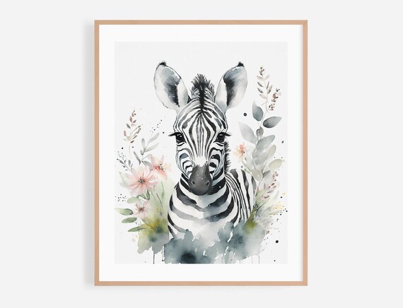 Baby Zebra Watercolor Portrait With Pink Flowers And Foliage Poster