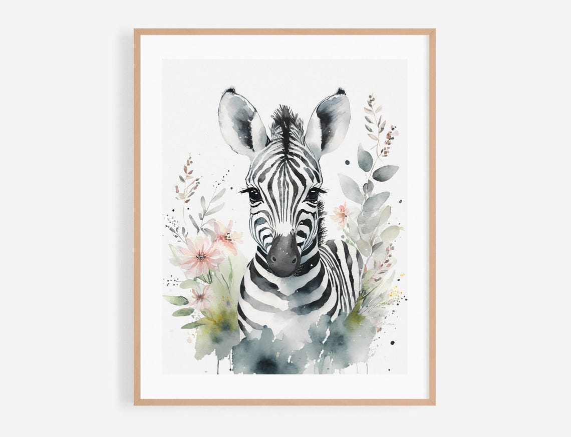 Baby Zebra Watercolor Portrait With Pink Flowers And Foliage Poster
