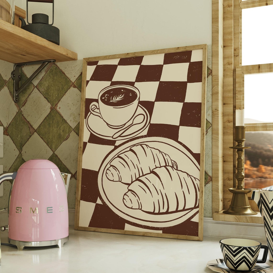 Retro Tea And Croissants Wall Art Trendy Kitchen Print For Cozy Decor
