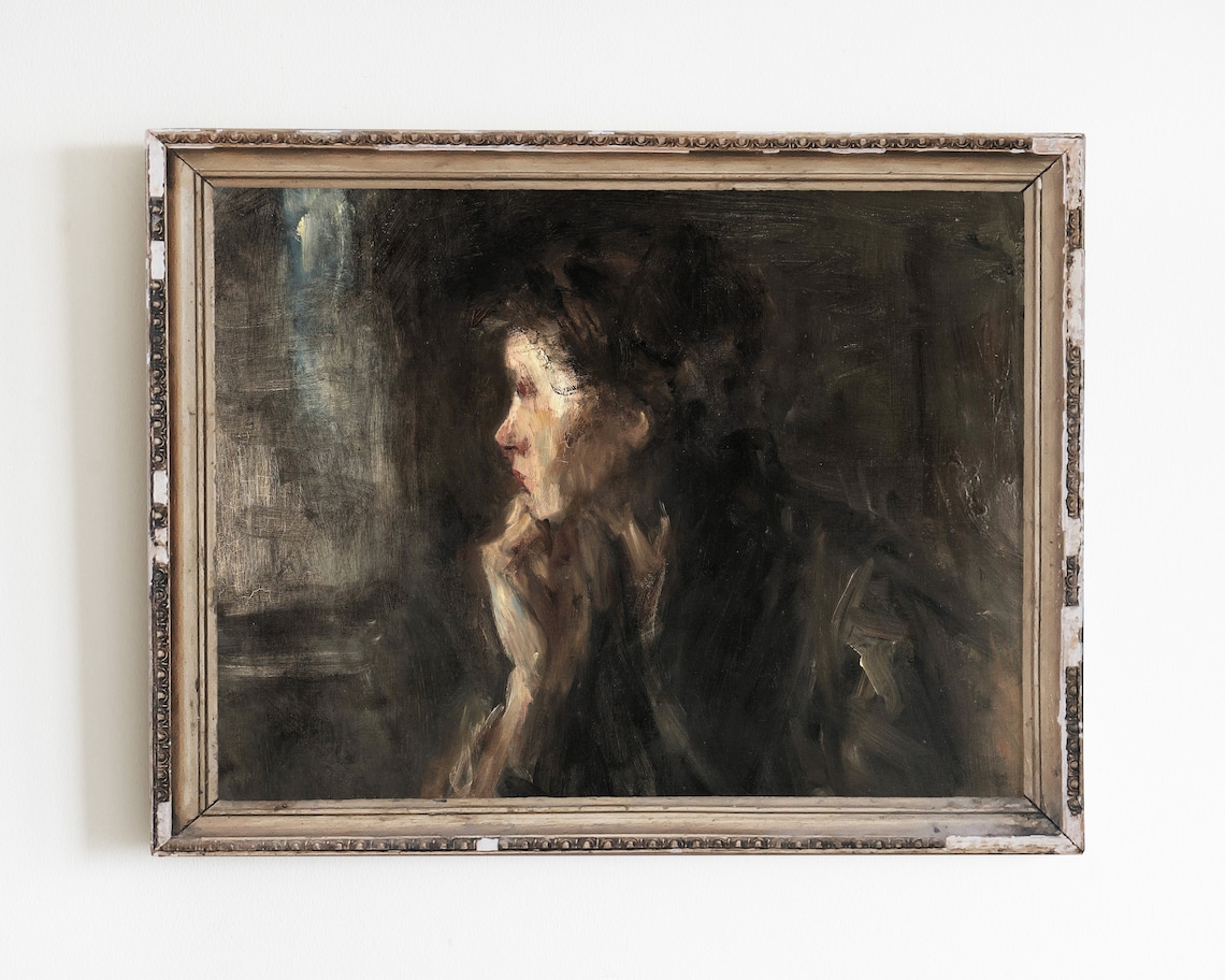 Vintage Woman Portrait, Moody Oil Painting Art Print