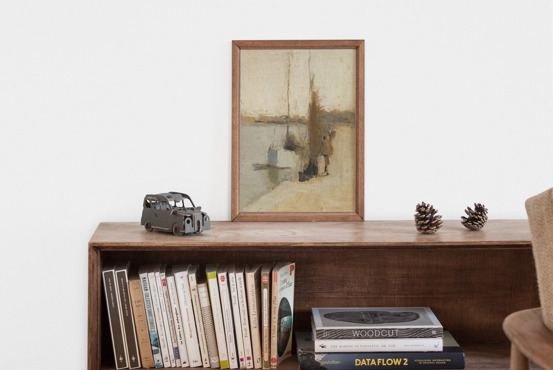 Vintage Neutral Sailboat Oil Painting Art Print - Image 2