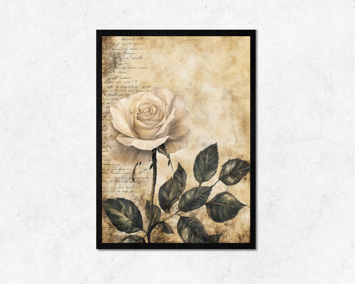 Vintage White Rose Distressed Script Romantic Botanical Wall Poster
