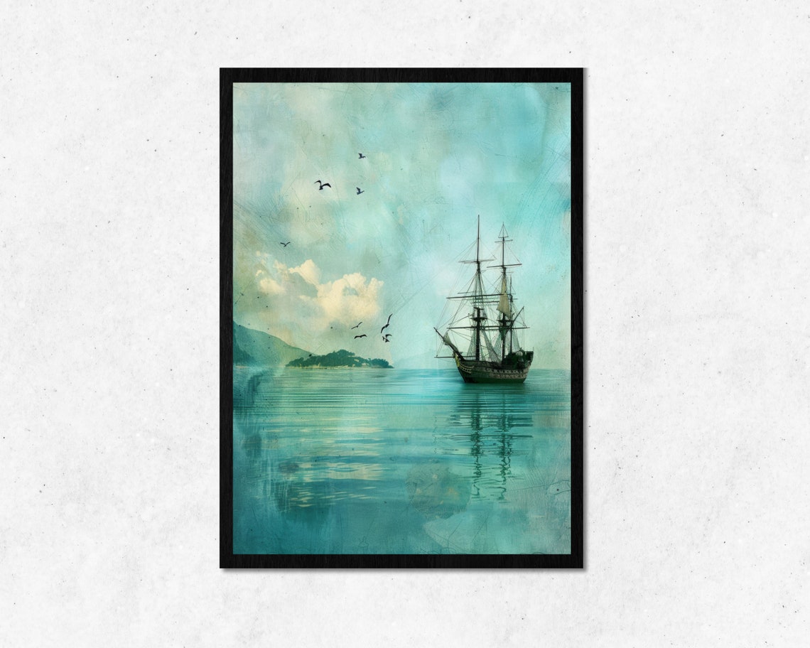 Tall Ship on Calm Turquoise Sea With Seagulls Vintage Sail Poster
