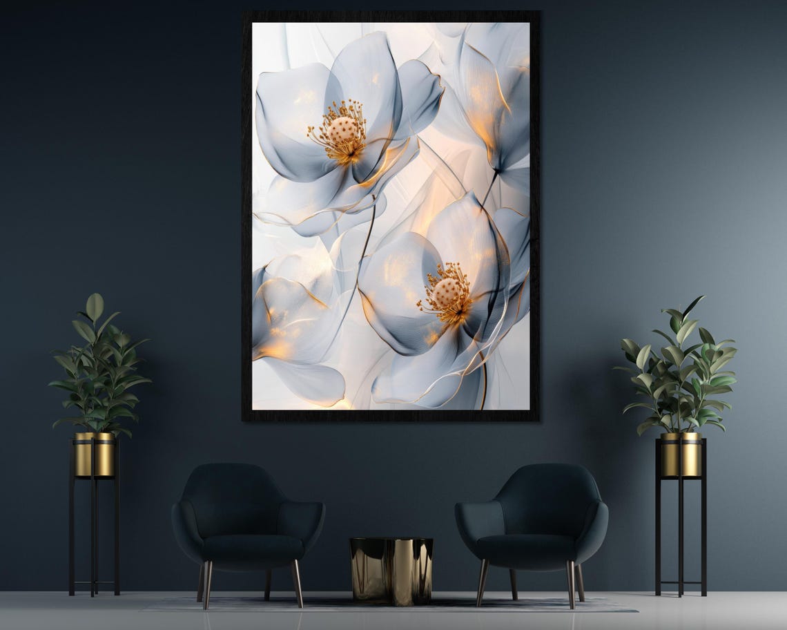 Beautiful Blue Grey Flowers With Golden Accent Luxury Art Poster