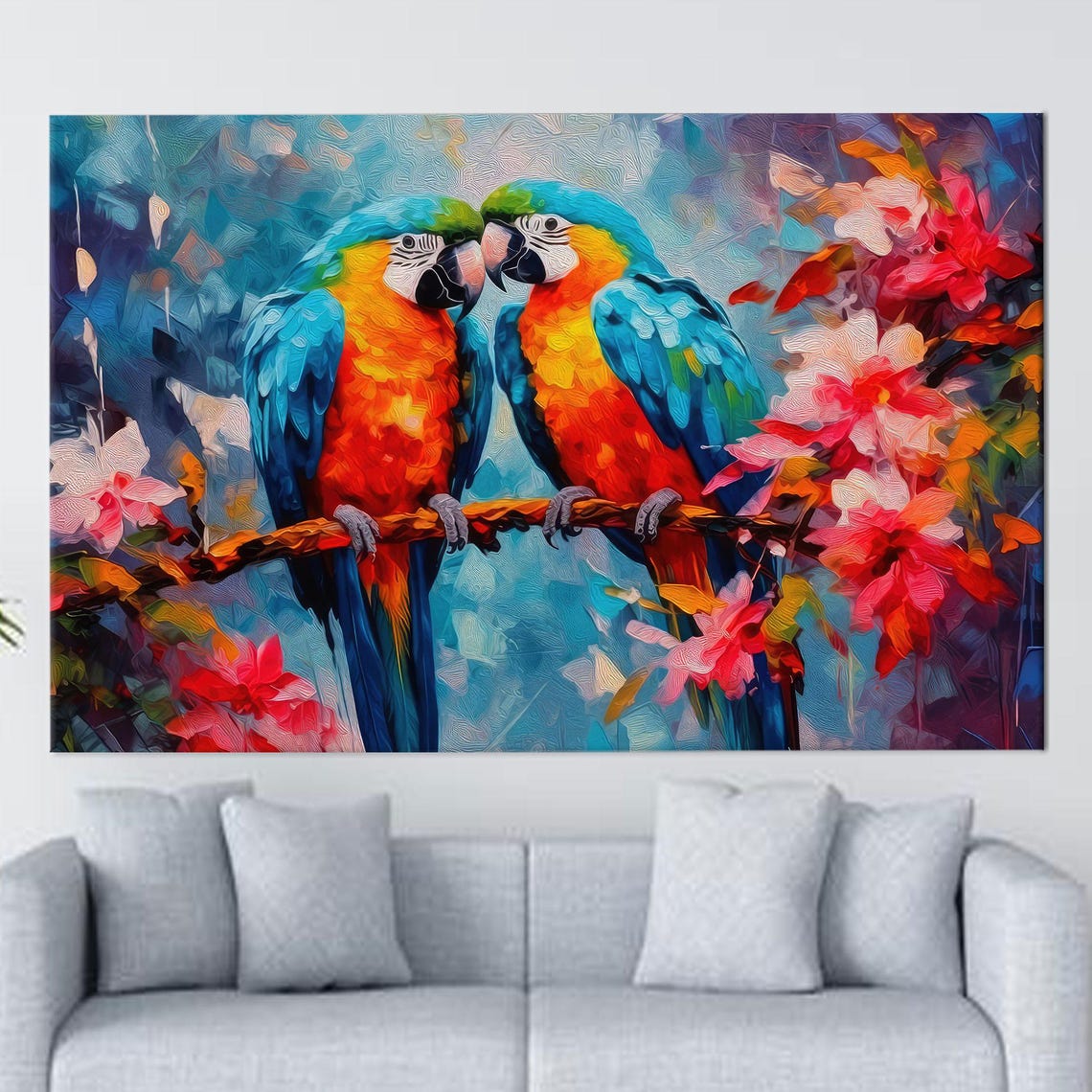 Two Blue And Yellow Macaws Perched On Flowering Branch Poster