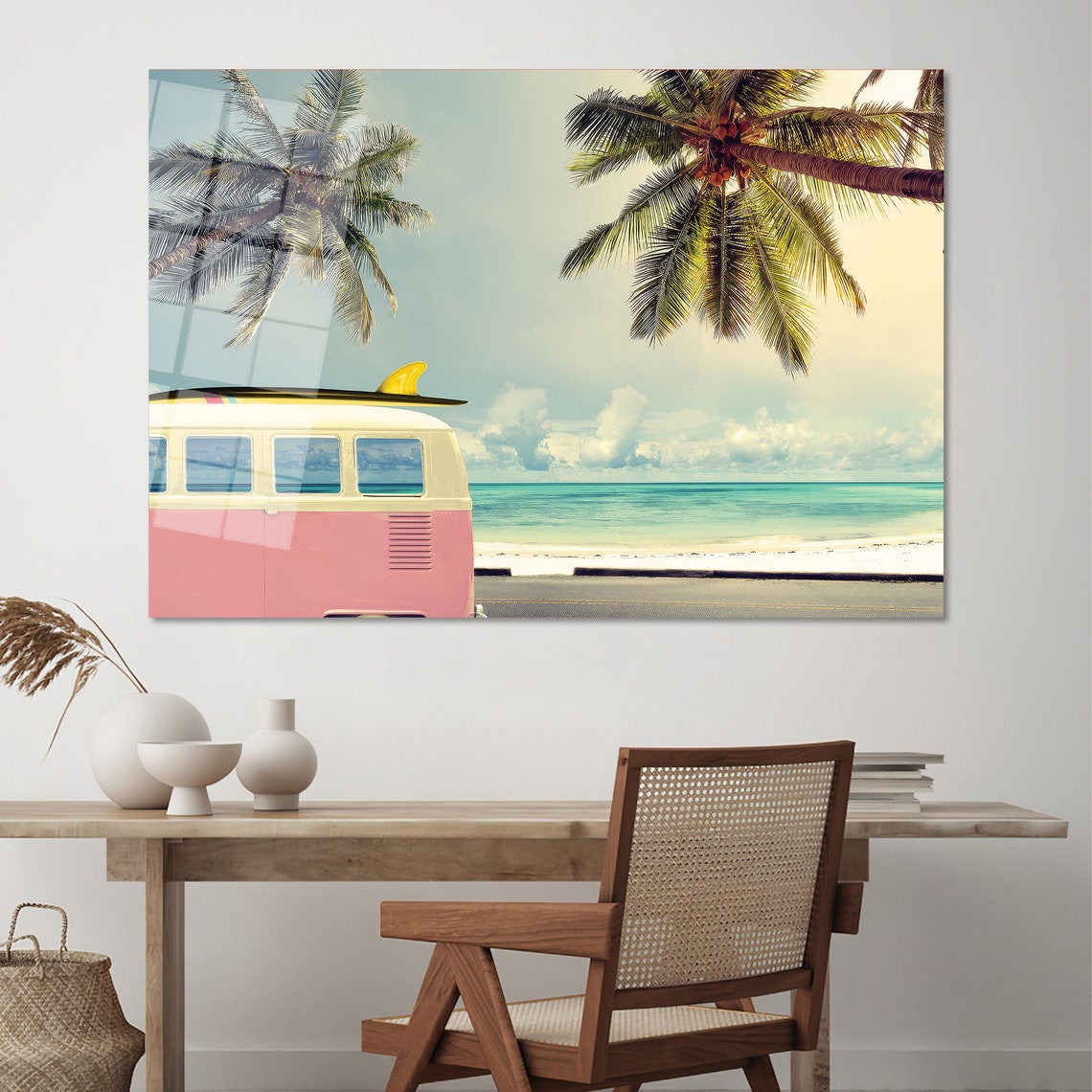 Pink Vintage Van Surfboard Palm Trees Tropical Beach Summer Poster - Image 2
