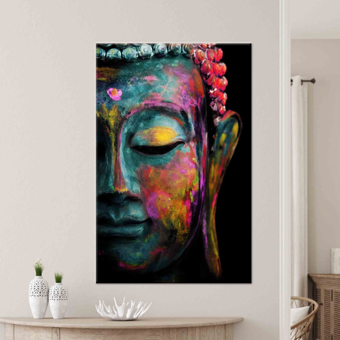 Colorful Painted Buddha Head on Black Background Zen Art Poster