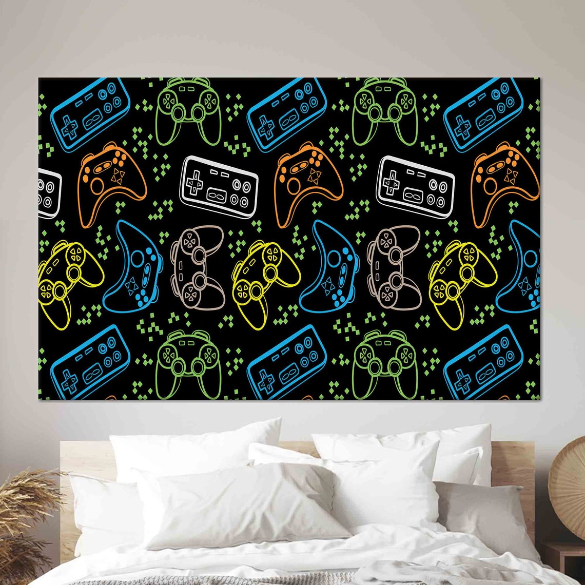 Neon Game Controllers Pattern Retro Gaming Room Decor Poster