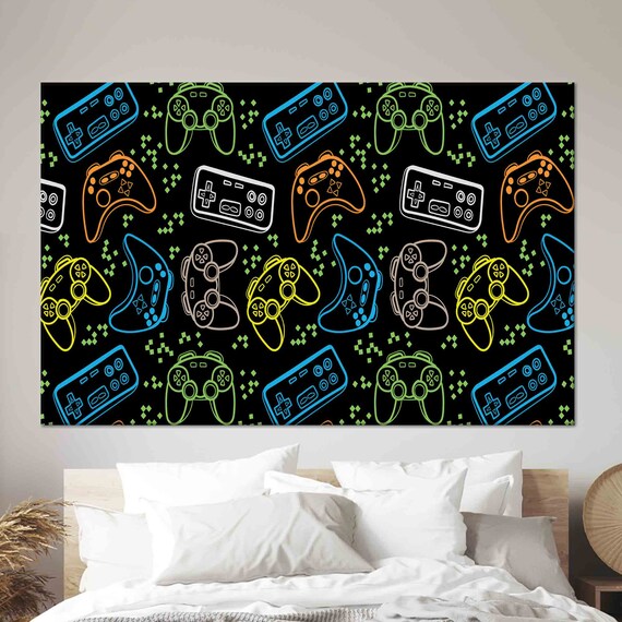 Neon Game Controllers Pattern Retro Gaming Room Decor Poster