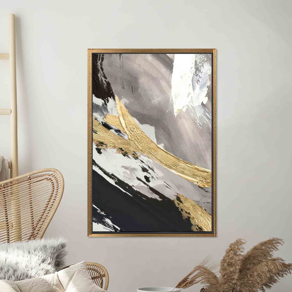 Black White Gray Abstract with Gold Foil Modern Art Wall Poster