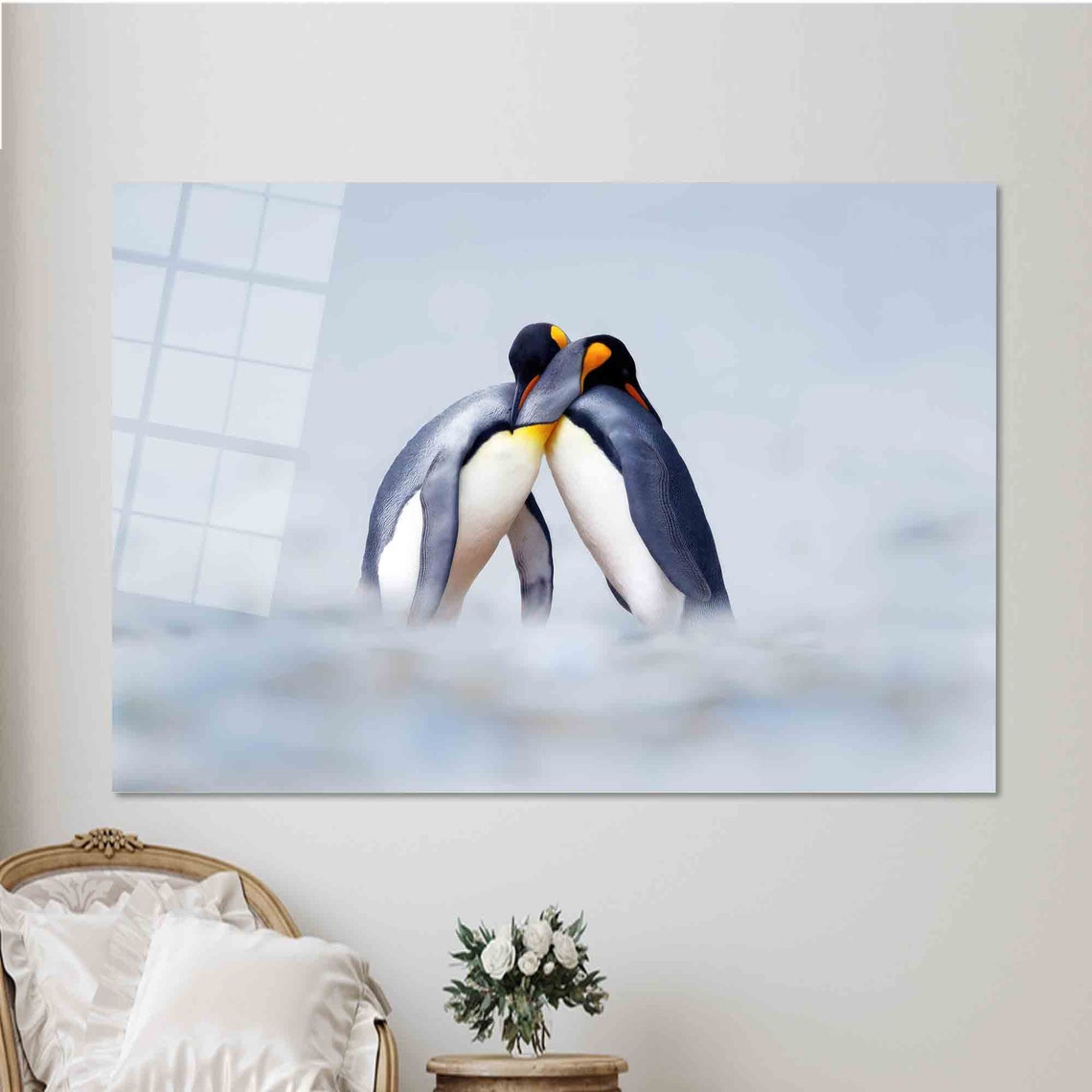 Two Penguins Hugging in Snow Cute Couple Wildlife Art Poster - Image 2