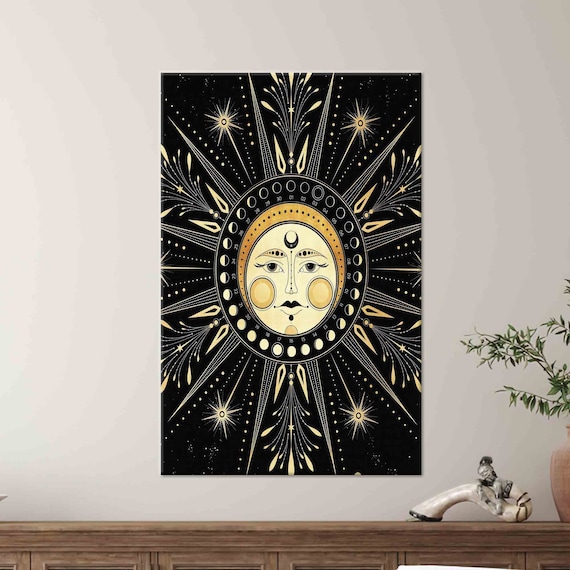 Golden Sun Moon Face Celestial Astrology Black Art Wall Poster