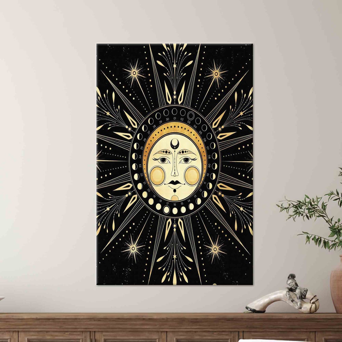 Golden Sun Moon Face Celestial Astrology Black Art Wall Poster