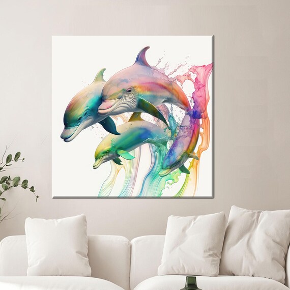 Three Rainbow Watercolor Dolphins Leaping In Splashes Poster