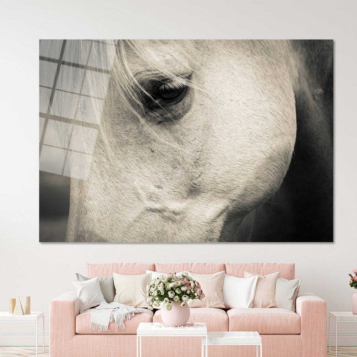 White Horse Eye Close Up Monochrome Equine Portrait Photography Poster - Image 2