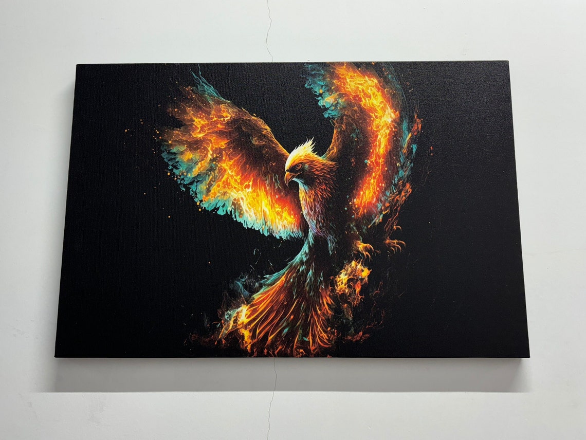 Fiery Phoenix Rising from Flames on Black Fantasy Art Wall Poster
