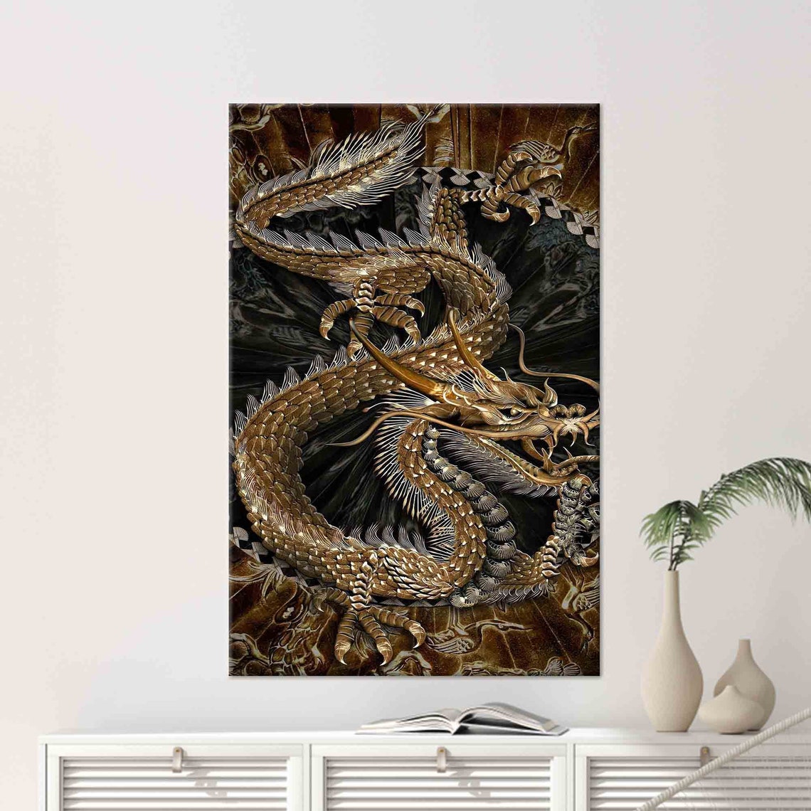 Golden Copper Dragon Japanese Style Dramatic Mythology Art Poster