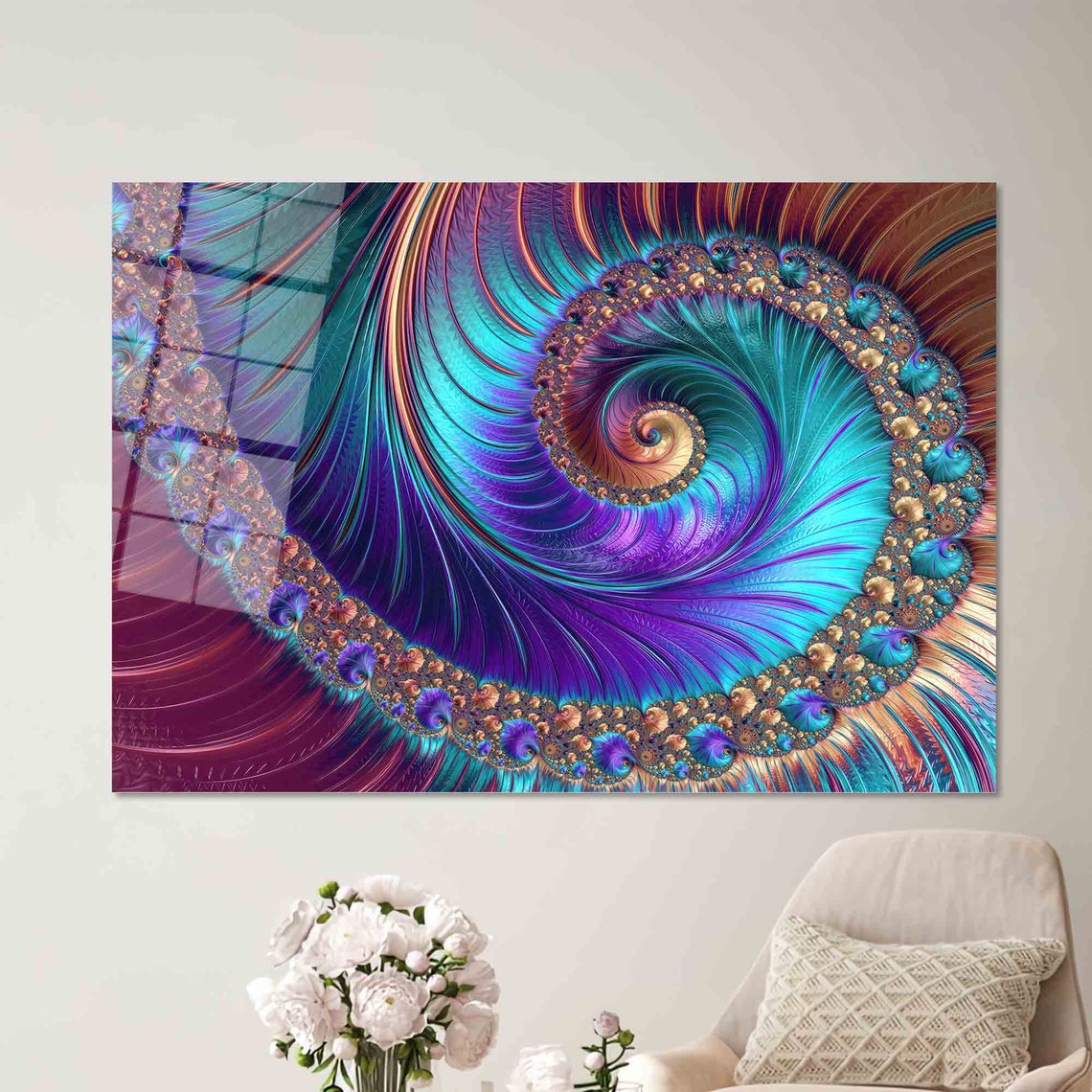 Teal Purple and Gold Fractal Spiral Abstract Digital Art Poster - Image 2