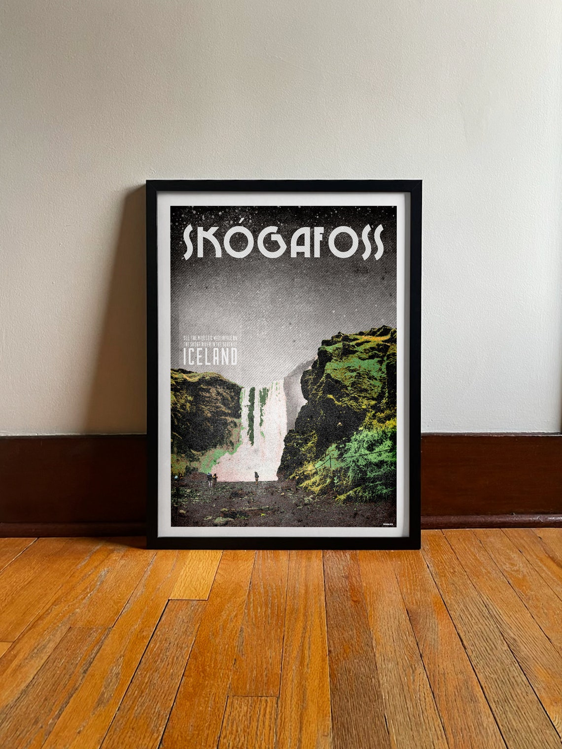 Iceland Skogafoss Waterfall Mossy Cliffs Vintage Travel Poster Art
