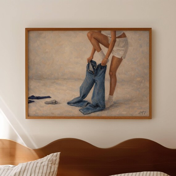 Abstract Girl Wearing Jeans Oil Painting Print Horizontal Above Bed Wall Art Hand Drawn Textured Mid Century Modern Contemporary Poster