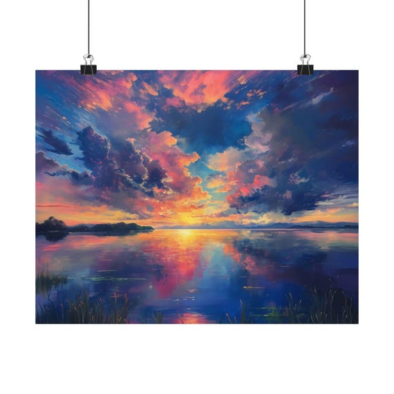 Sunset Lake Poster Print Landscape Modern Painting Nature Calm Relaxing Wall Print Airbnb Art Wall Decor