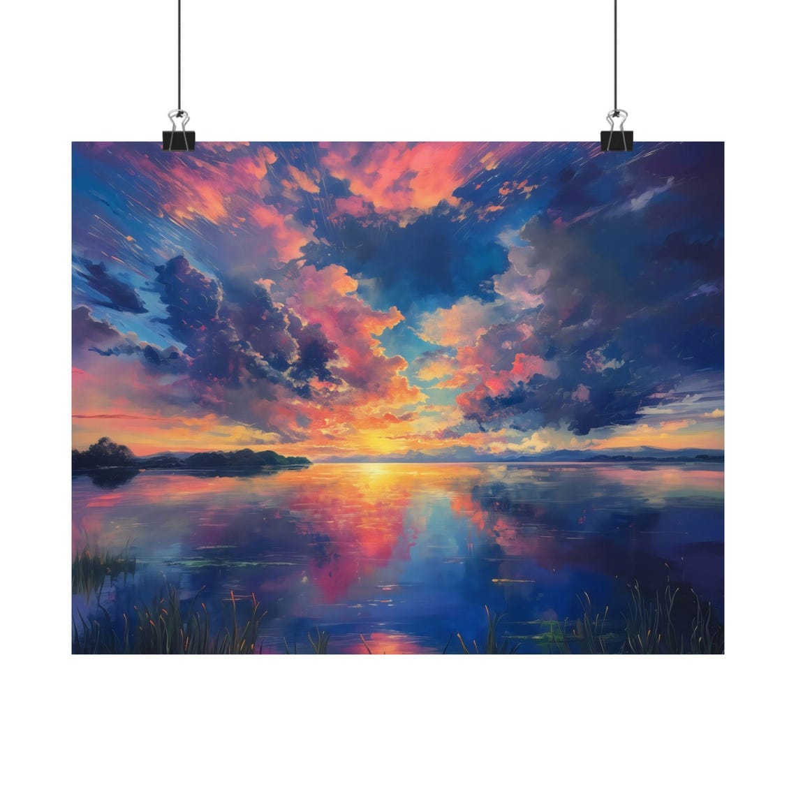 Colorful Twilight Sky Mirrored in Calm Lake Waters at Sunset Poster