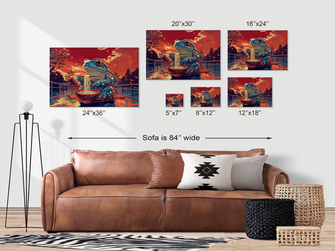 Blue Toad Ramen Boat Sunset Lily Pond Whimsical Animal Art Poster - Image 3