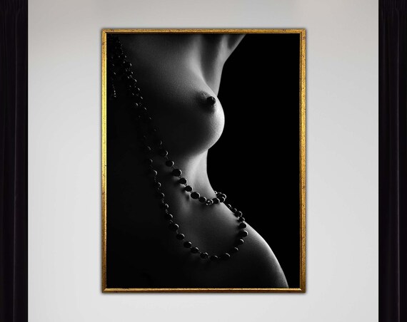 Black and White Boudoir Silhouette Pearl Necklace Fine Art Poster