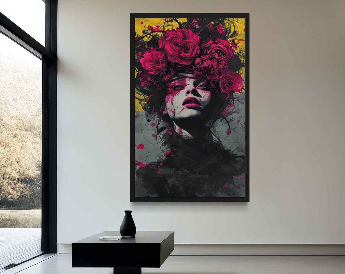 Dark Moody Woman Portrait Red Roses Gothic Floral Painting Print