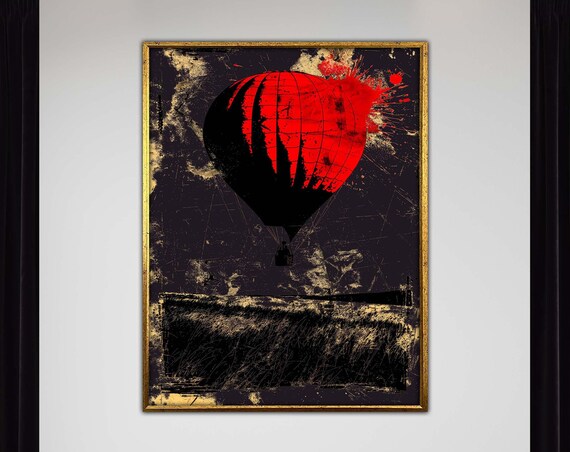 Dark Red Balloon Art Abstract Hot Air Canvas Edgy Urban Wall Decor Modern Pop Poster Grunge Style Print Ready To Hang