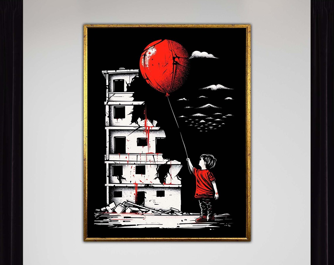 Striking Boy Red Balloon War Torn Building Urban Street Art Print