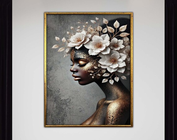 Golden Elegance Floral Woman Portrait Black and Gold Botanical Art Poster
