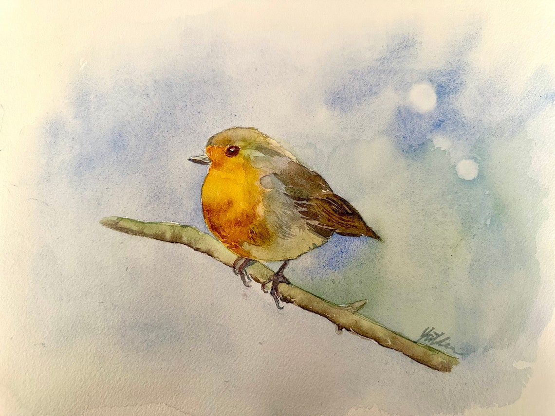 European Robin on Bare Branch Soft Blue Watercolor Garden Poster