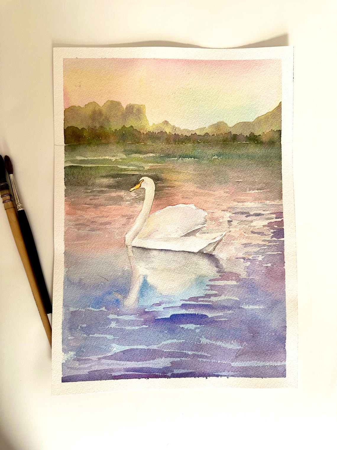 White Swan Gliding on a Sunset Lake Watercolor Nature Poster - Image 4