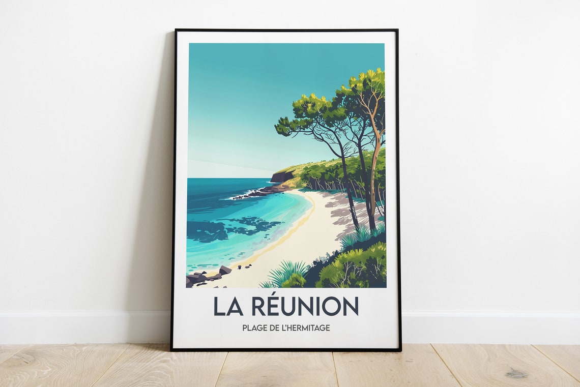 La Reunion Plage de lHermitage Curving Beach and Pines Poster
