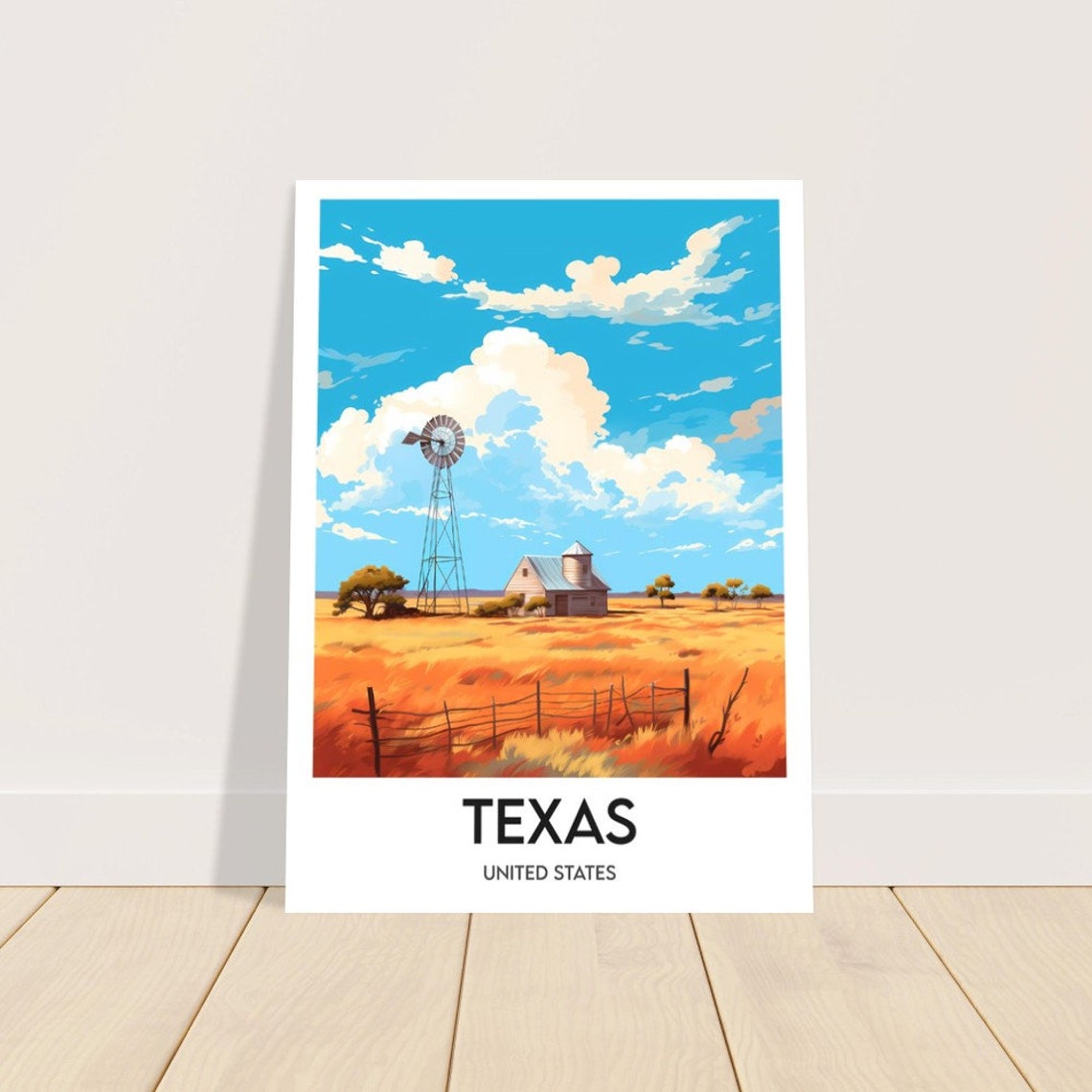 Texas Prairie Windmill Ranch Golden Fields USA Travel Poster Art - Image 2