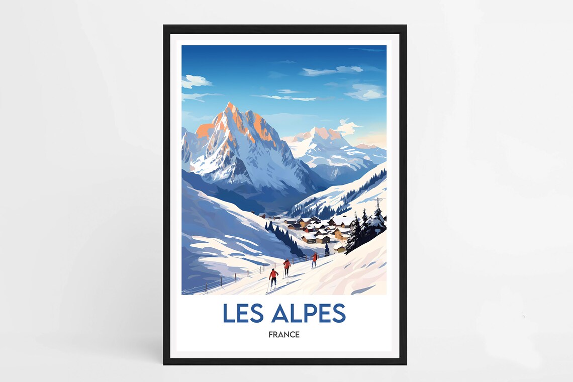 Les Alpes France Winter Ski Slopes Chalet Village Snowy Poster