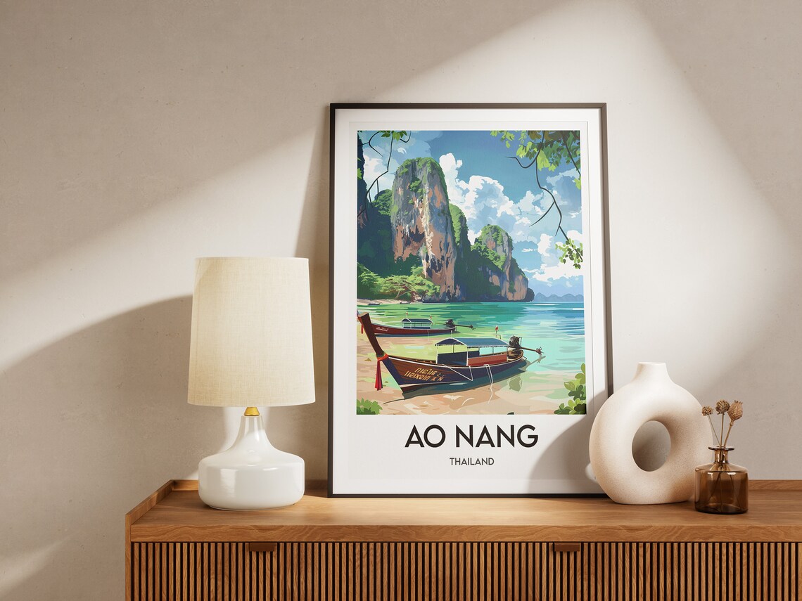 Ao Nang Thailand Longtail Boats Limestone Cliffs Beach Poster - Image 2