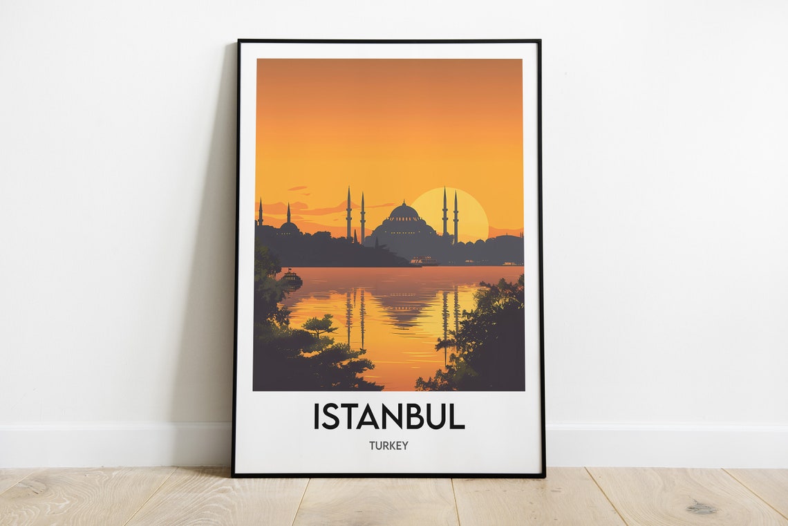 Istanbul Sunset Mosque Silhouette Bosphorus Turkey Travel Poster