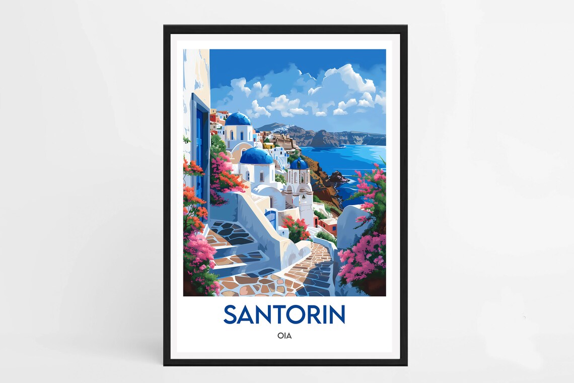 Santorin Oia Stone Alley Bougainvillea Blue Domes Classic Poster