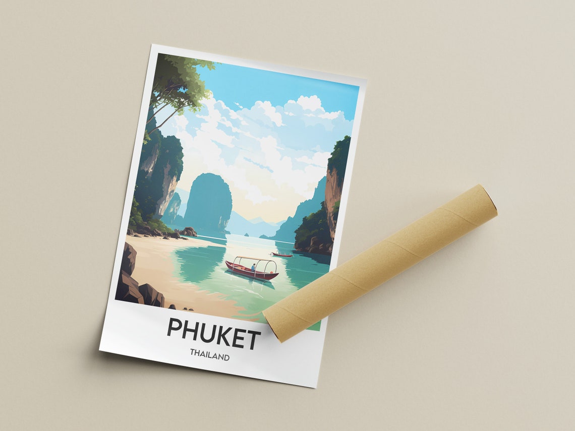 Phuket Thailand Limestone Cliffs Longtail Boat Beach Travel Poster