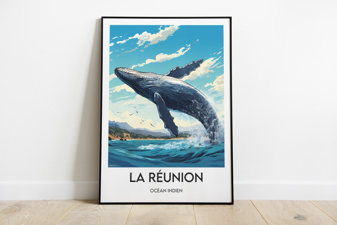 Reunion Island Breaching Humpback Whale Ocean Jump Poster Art